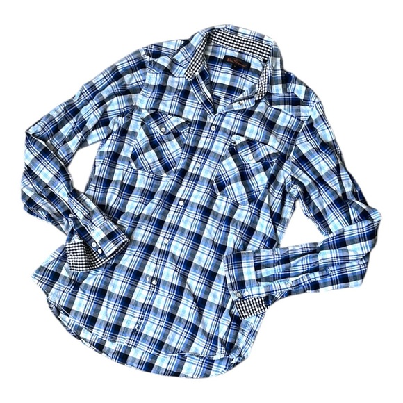 Ben Sherman men’s button up blue western plaid snap front shirt size small - Picture 1 of 15